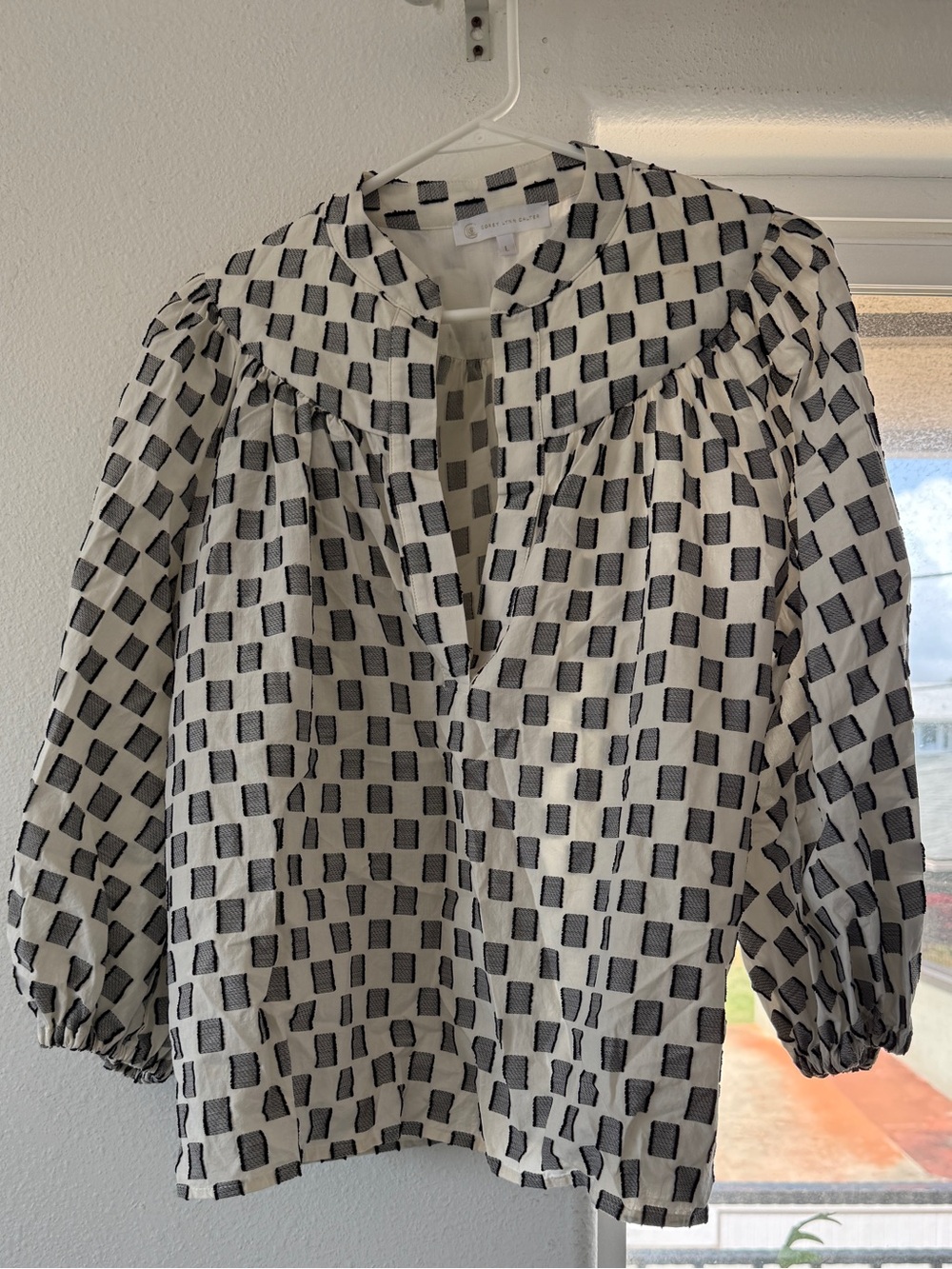 Corey Lynn Calter Black & White Checked Peasant Blouse